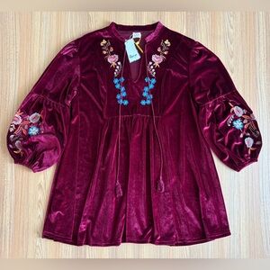 Aofur Crushed Velvet Mini Dress Floral Embroidered XXL Balloon Sleeve Boho NWT